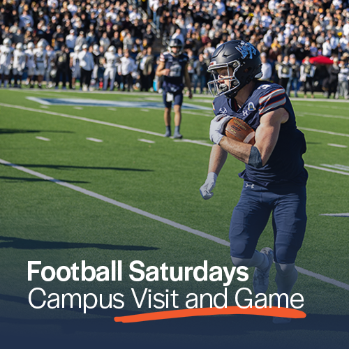 football player on the field with crowd in background. text reads "football saturdays - campus visit and game"